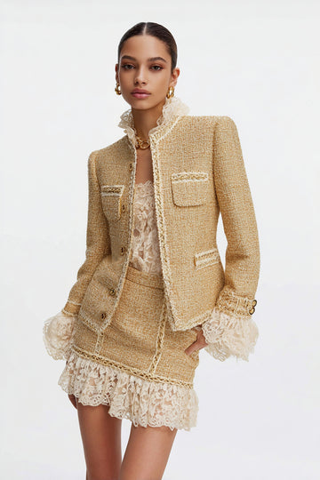 2-Piece Golden Tweed Skirt Suit with Lace